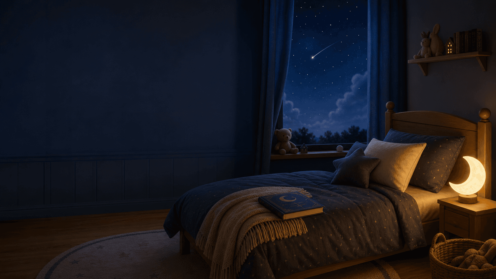 Moonlit bedroom with a storybook ready for reading