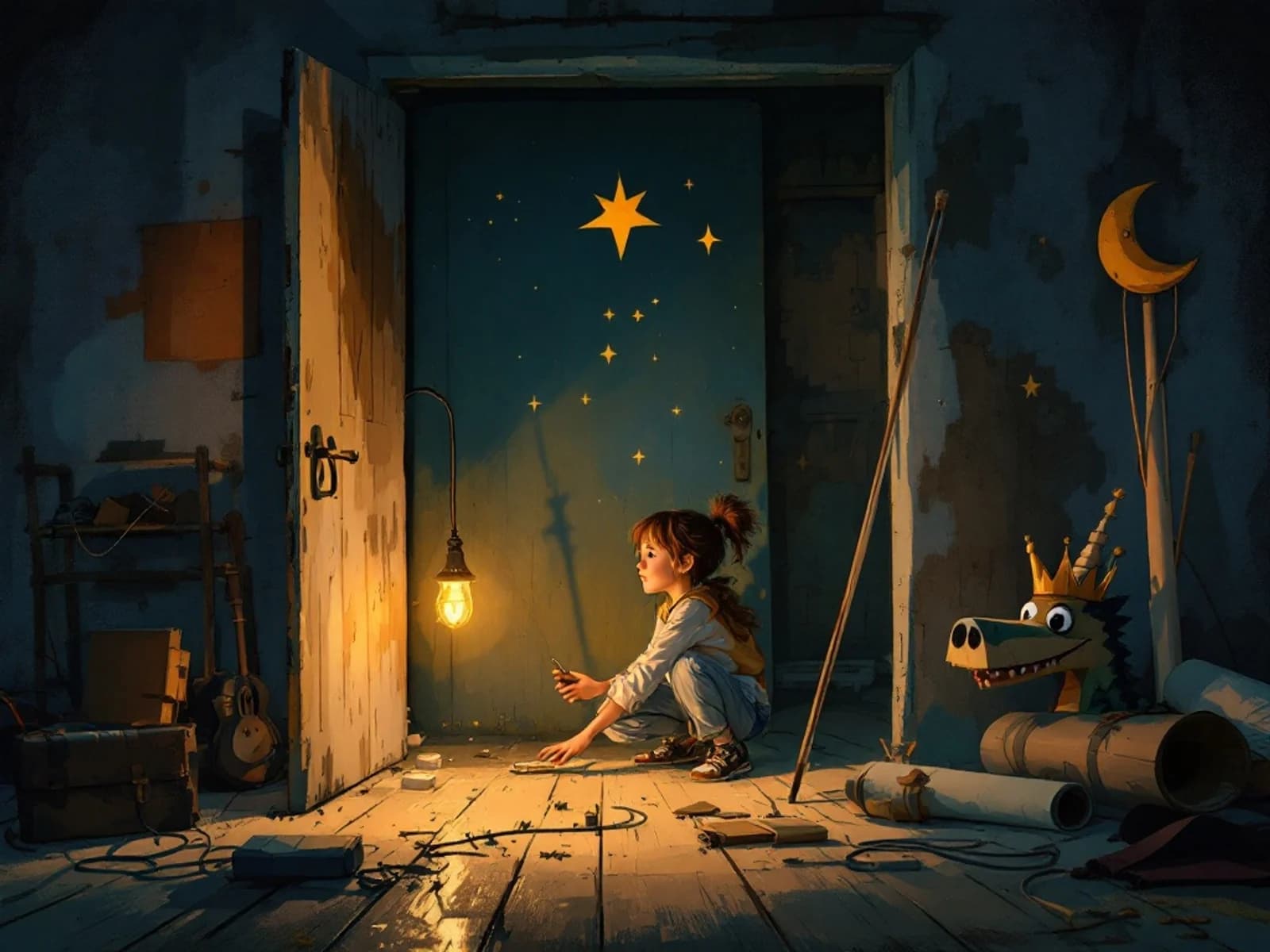 Aisha using a brass compass and torch to solve a backstage puzzle before a concert