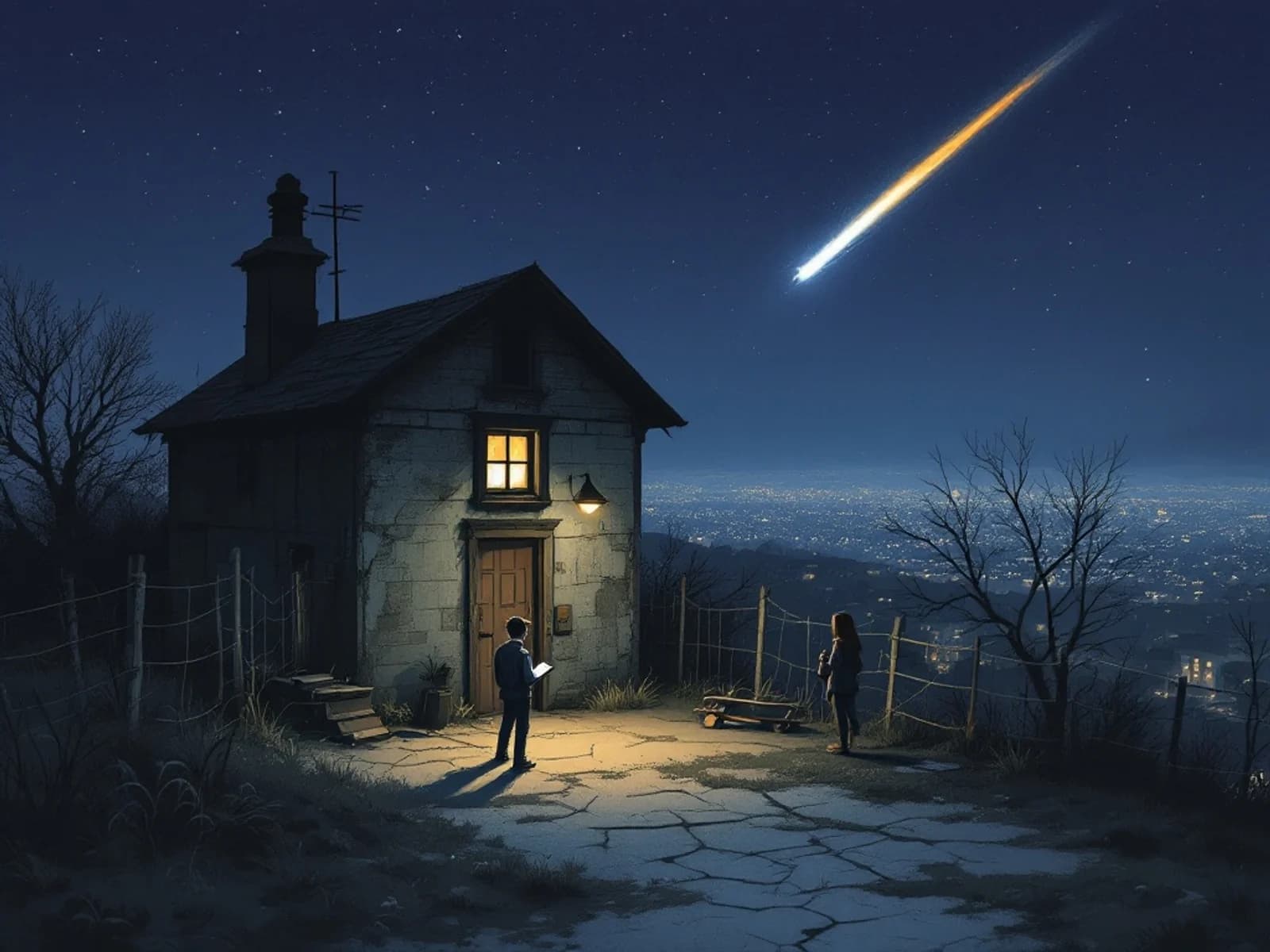 Ben watching a meteor shower and a blinking light at an old hilltop signal station