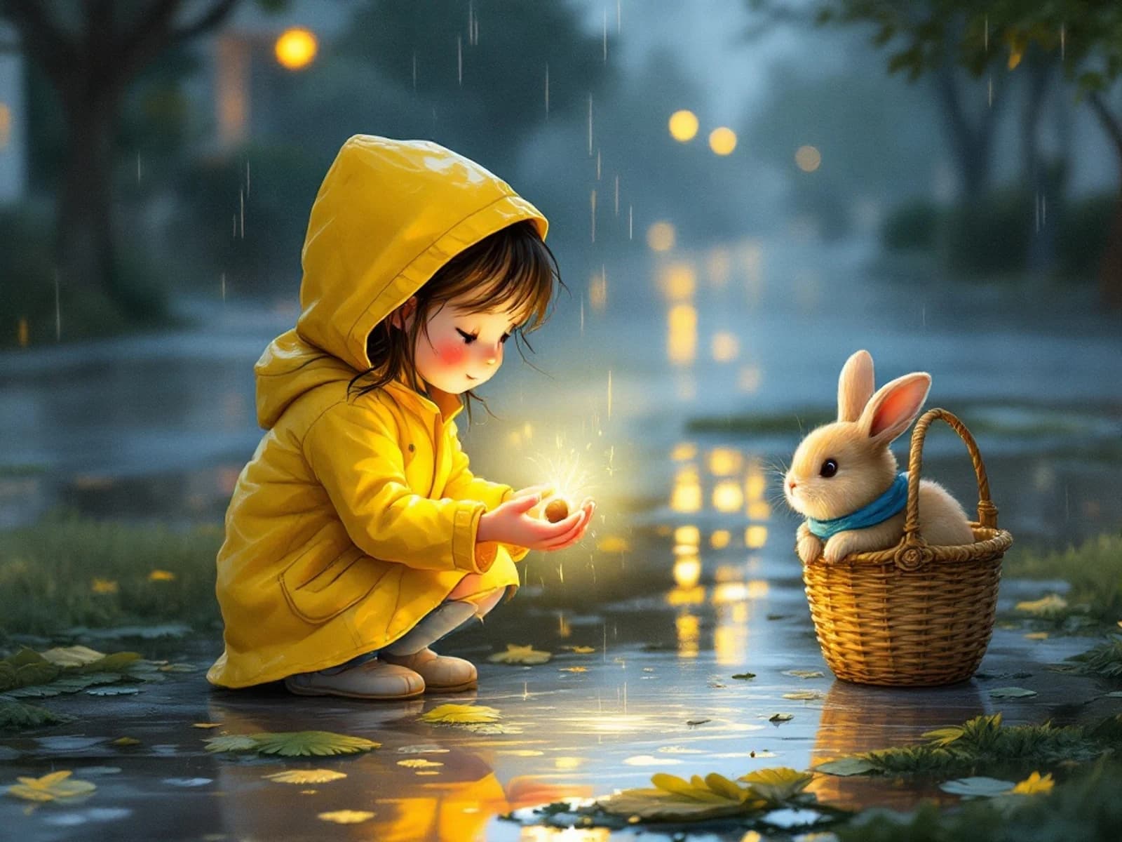 Ivy in a yellow raincoat holding a glowing seed beside her rabbit and a rain puddle