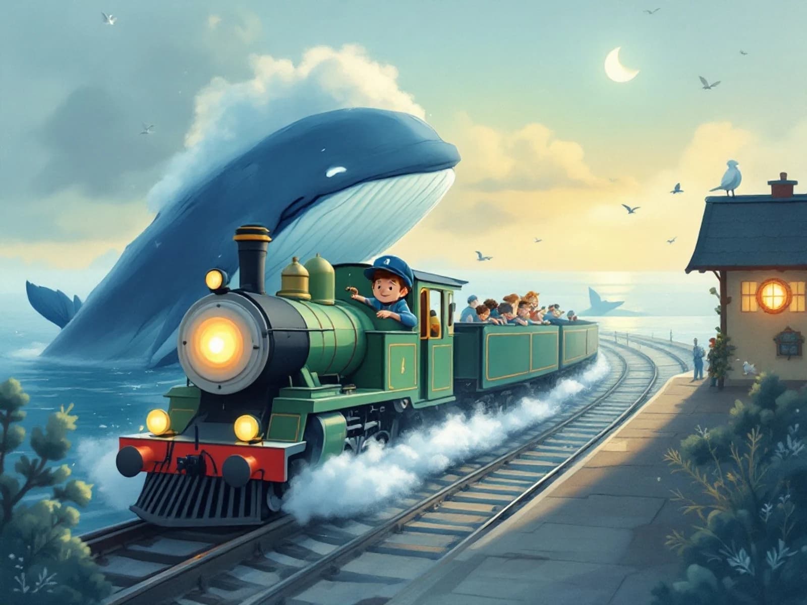 Noah driving a small green train beside a friendly whale in the evening fog