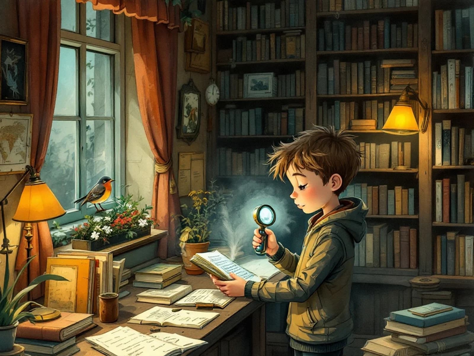 Theo examining a feather message with his homemade magnifier in a warm library